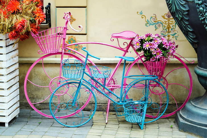 Bicicletas com cestos e flores