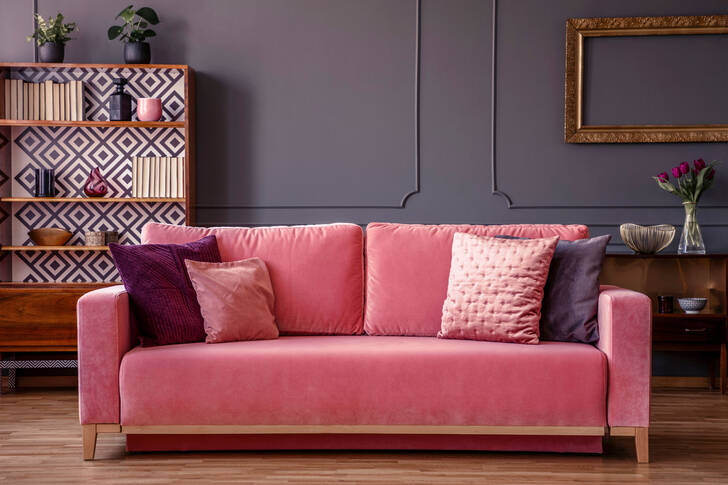 Sofa od ružičastog baršuna u dnevnoj sobi