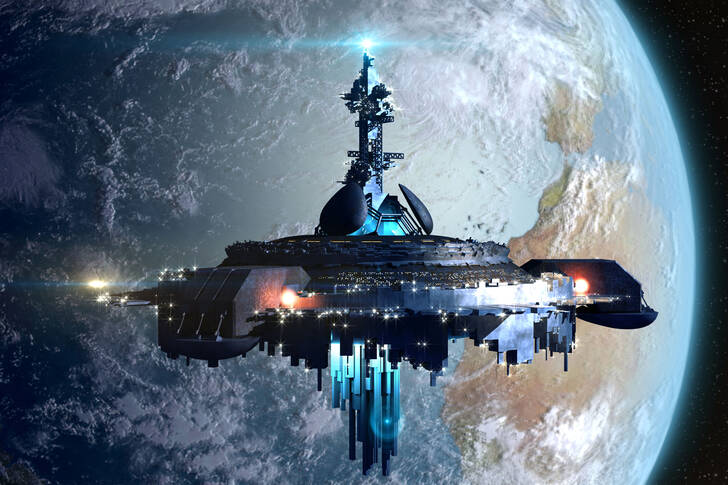 Alien ship against the background of the Earth