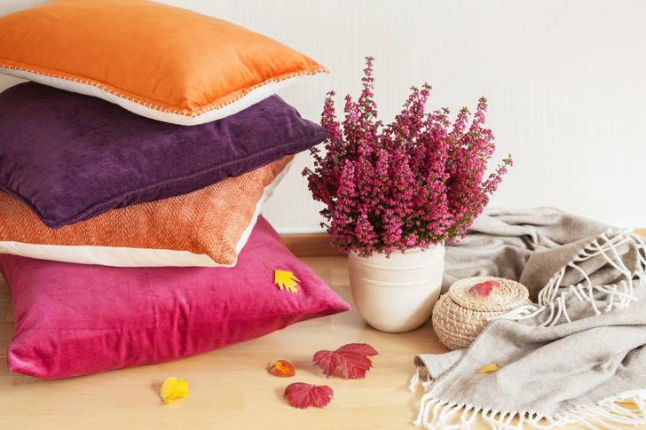 Colorful pillows and a flowerpot with lavender