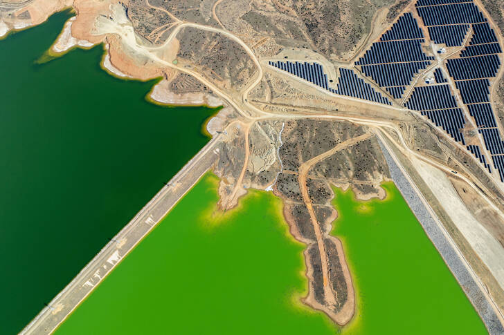 View from above of fields and lakes