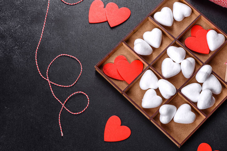 White and red hearts in a box