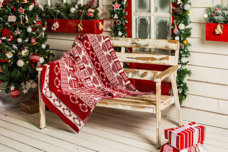 Bench, plaid and Christmas tree