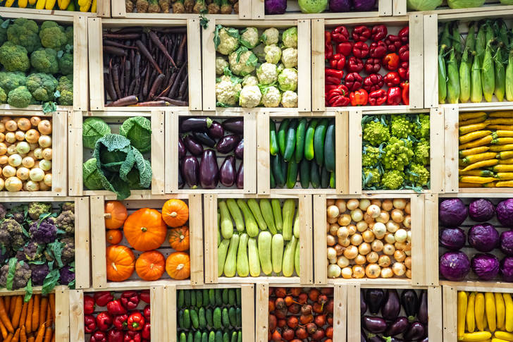 Vegetables in wooden boxes