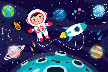 Космонавт, ракета и планеты
