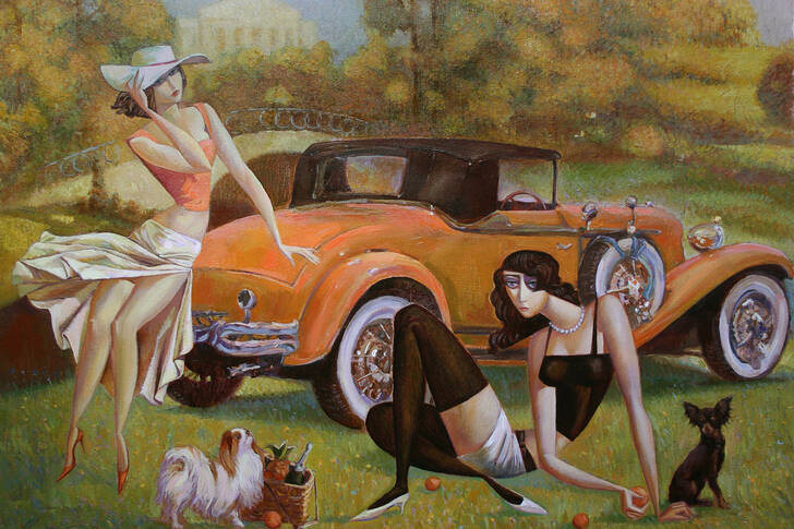 Dziewczyny i samochód retro
