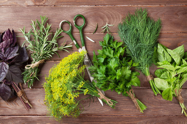 Garden herbs on a wooden table
