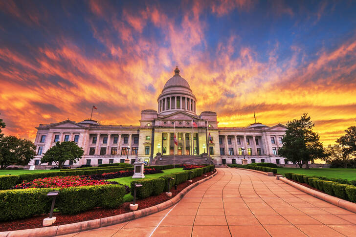 The Arkansas State Capitol at sunset