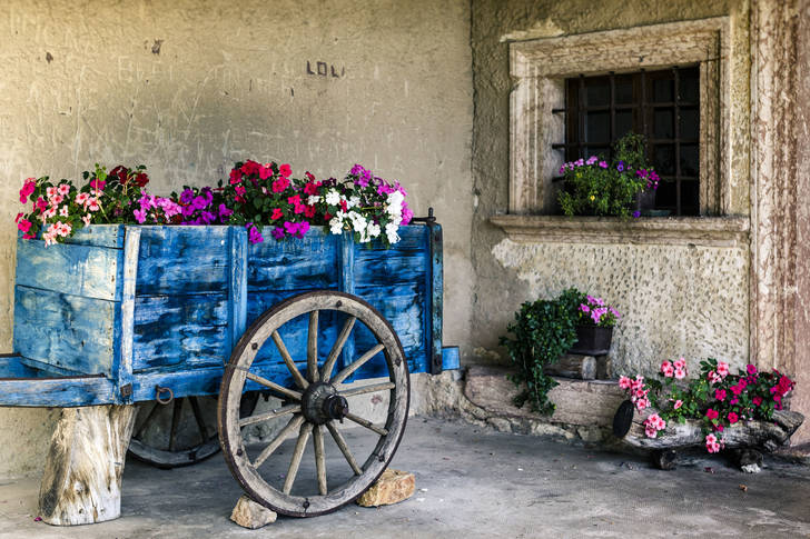 Cart with flowers at the old house