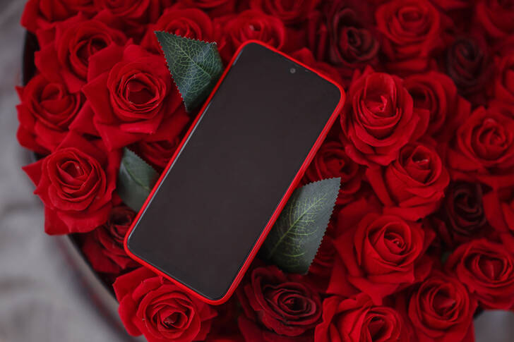 Smartphone em rosas vermelhas