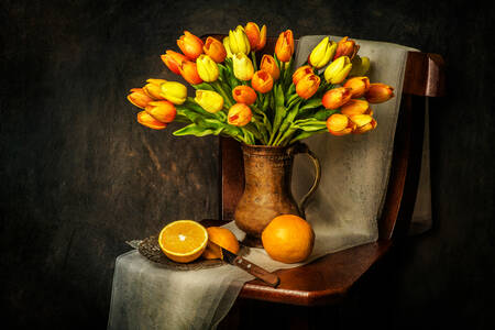 Bouquet of tulips on a chair