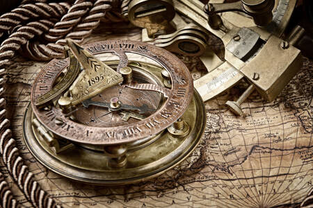 Copper compass on the map