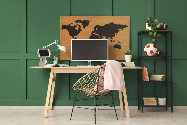 Living room interior with a world map
