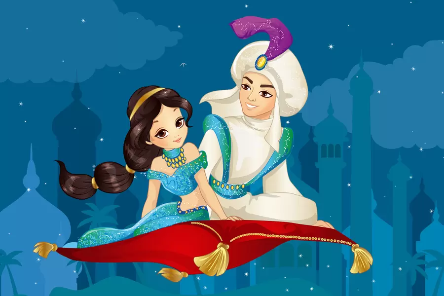 Alladin met de prinses op het vliegende tapijt