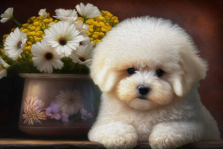 White puppy and flowers