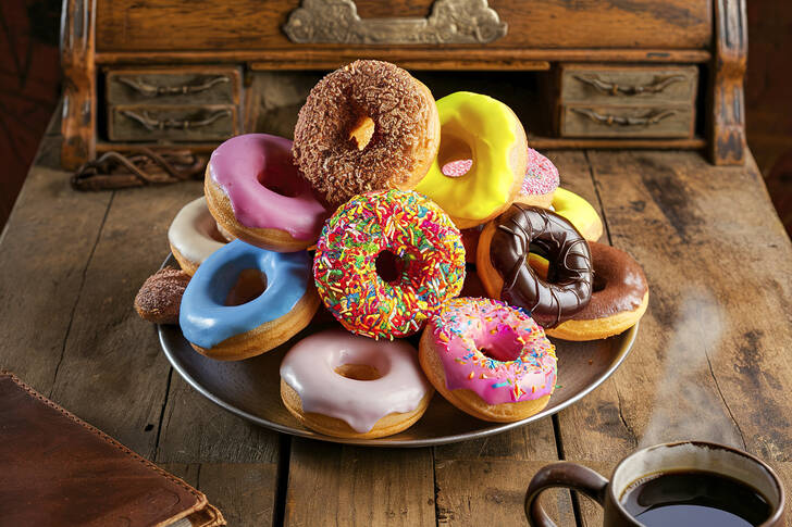 Multicolored donuts on a plate