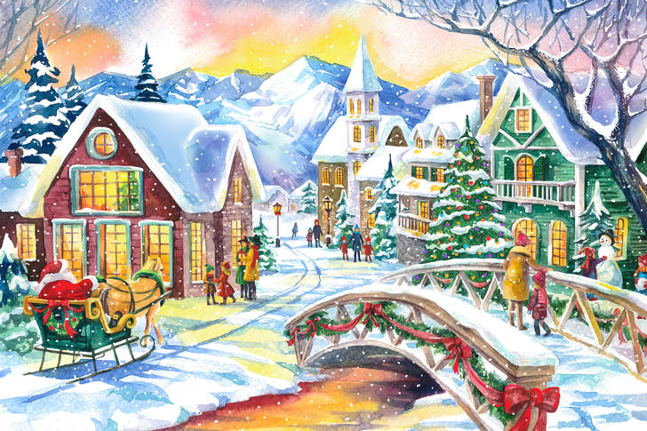 Watercolor christmas village