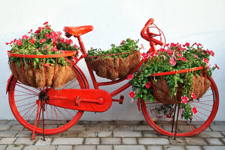 Red bicycle with flowers