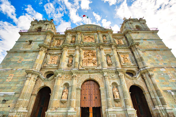The facade of the Cathedral of the Assumption of the Blessed Virgin Mary in Oaxaca