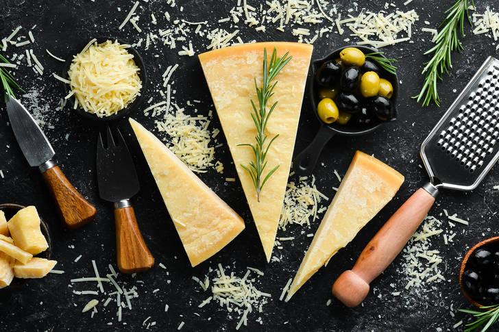 Parmesan cheese, olives and rosemary