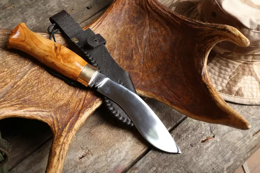 Coltello da caccia e trofeo su tavola di legno