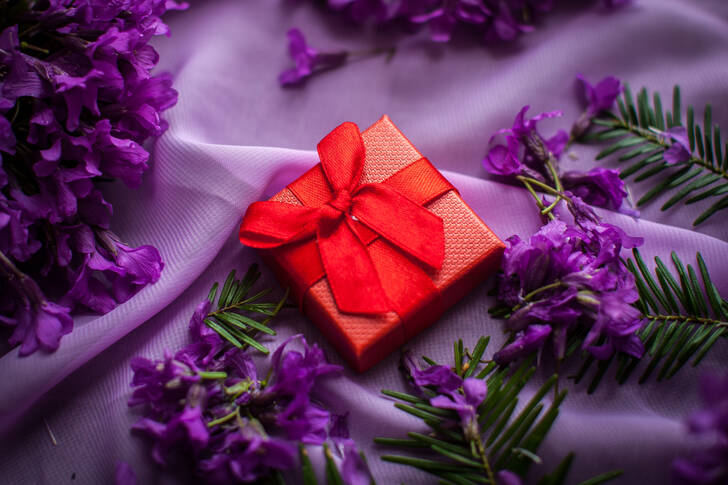Gift on the background of lilac flowers