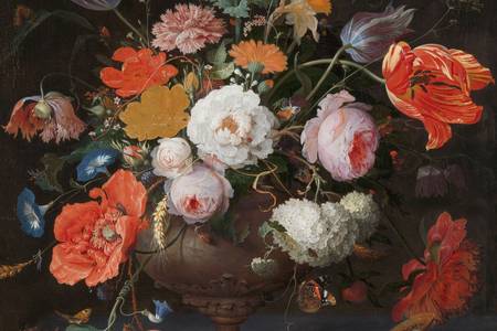 Abraham Mignon: "Natura mortă cu flori și un ceas"