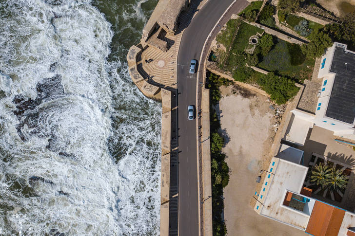 Top view of the sea and the embankment road