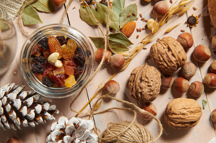 Walnuts, hazelnuts, and dried fruits