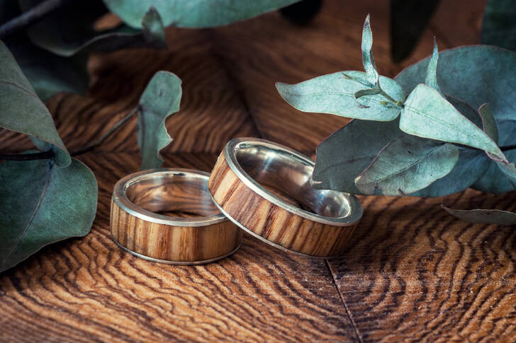 Rings with natural wood inlays
