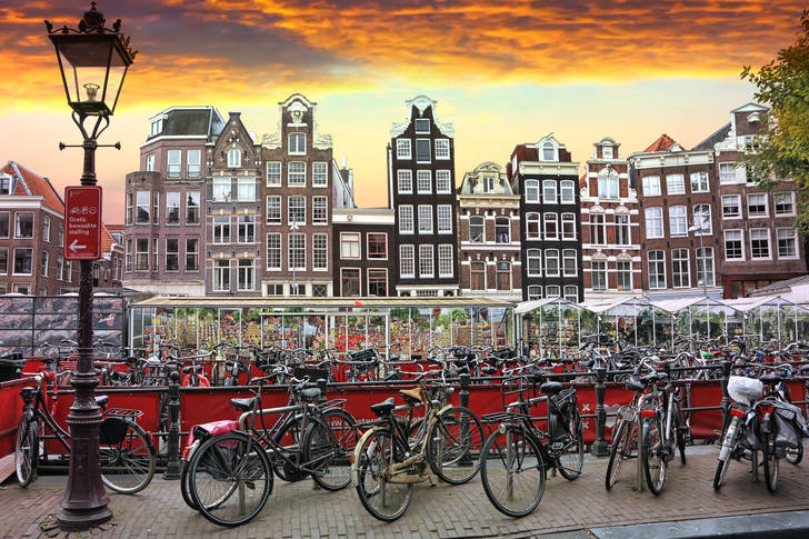 Traditional old houses and bicycles in Amsterdam