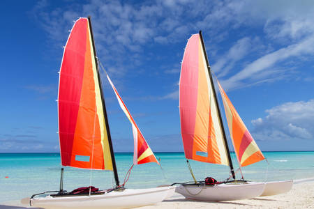 Catamarans with sails on the beach