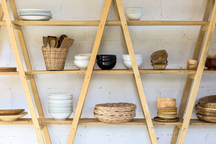 Wooden shelf with dishes
