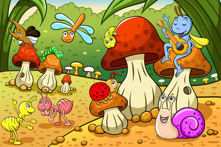 Insetos em um prado de cogumelos