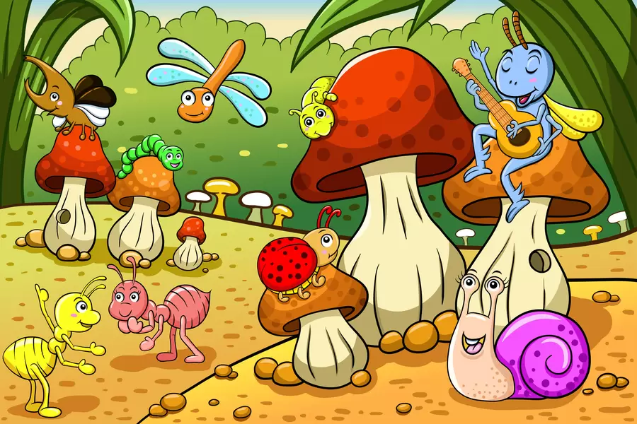 Insectes dans une prairie de champignons