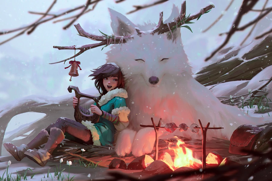 Fille avec un loup blanc