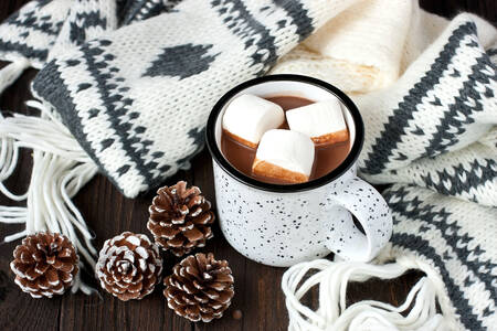 Chocolat chaud et écharpe en tricot