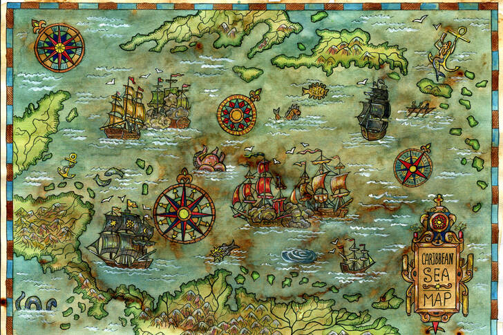 Ancient map with pirate ships
