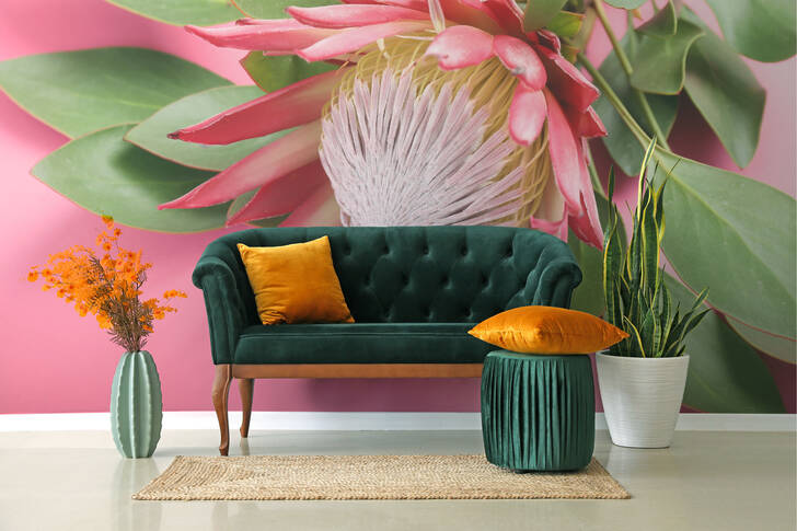 Living room with a flower on the wall