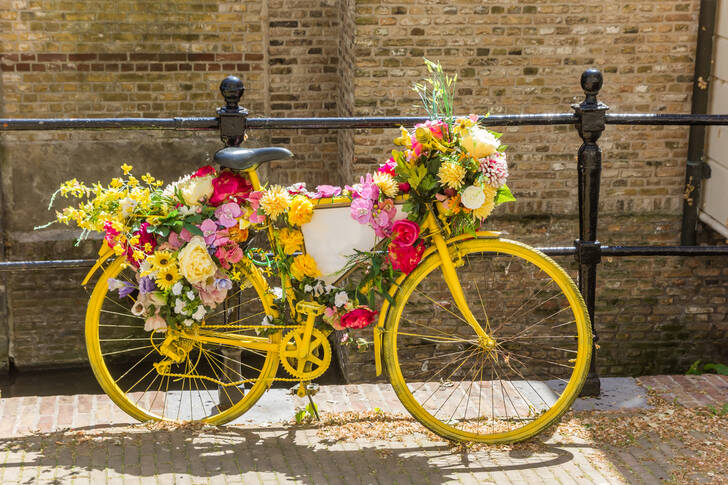 Bicicleta amarilla con flores.