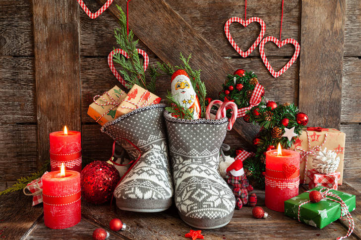 Gifts and sweets in knitted boots