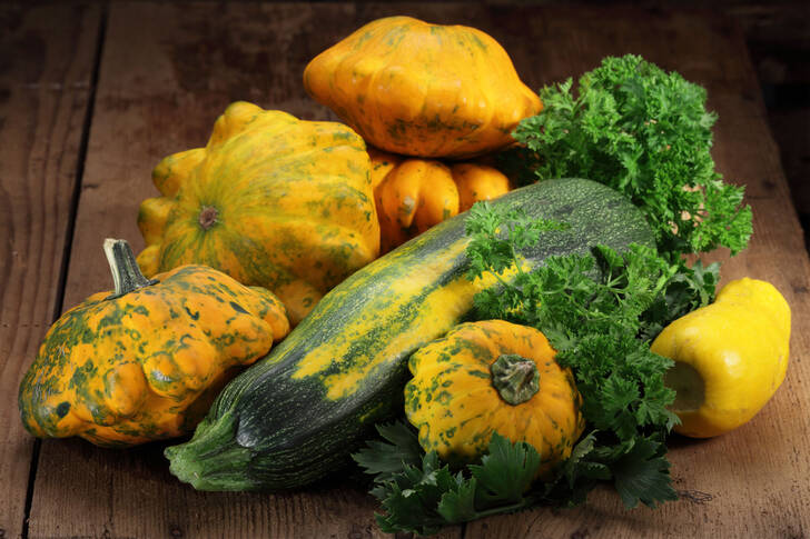 Courgette et persil sur une table en bois