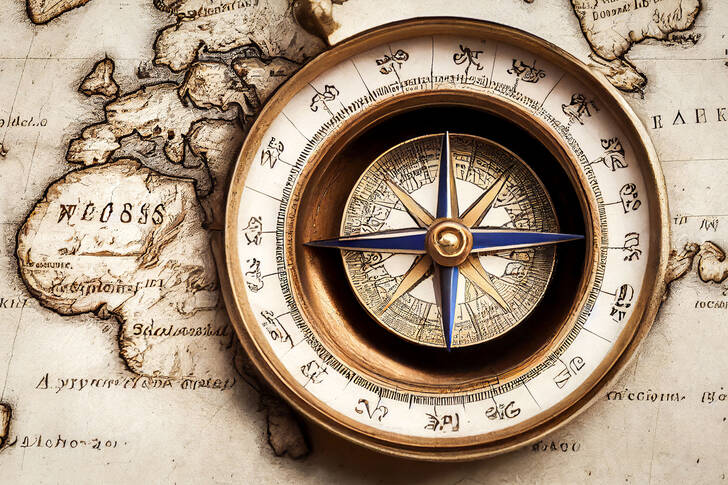 Old compass on the map