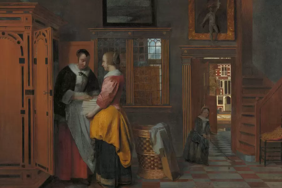 Pieter de Hooch: "Sisäkuva naisista pellavalipaston äärellä"