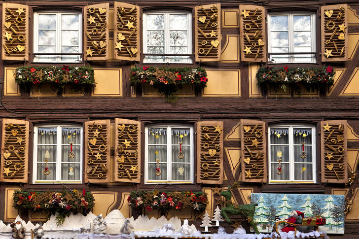 The facade of a traditional half-timbered building