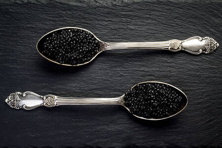 Black caviar in spoons