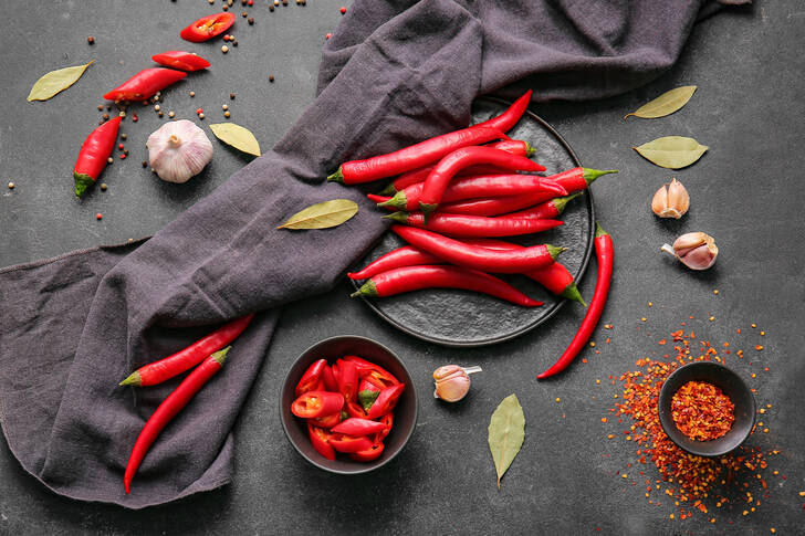 Chili peppers on a gray table