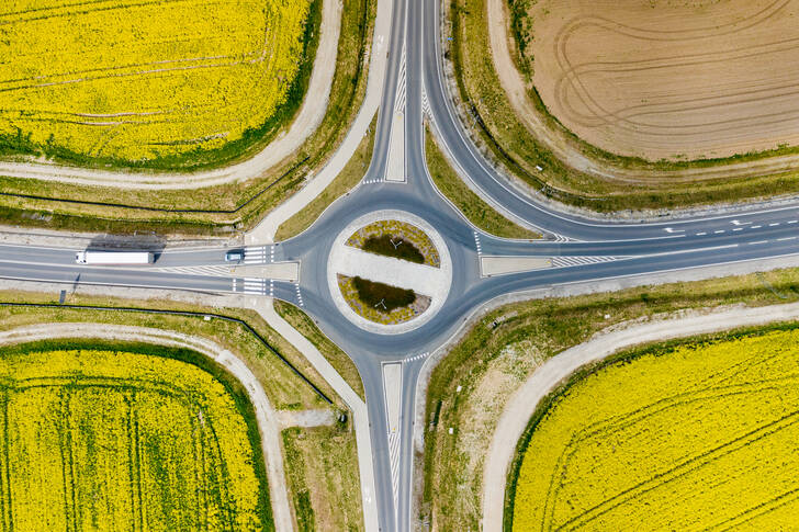 Road interchange among fields