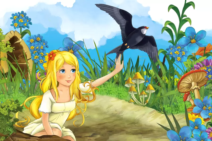 Thumbelina met een zwaluw