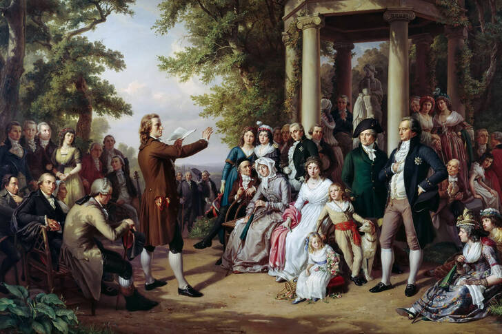 Theobald Reinhold von Ehr: Dwór Muz w Weimarze – Schiller czyta dla dworu w Tiefurcie